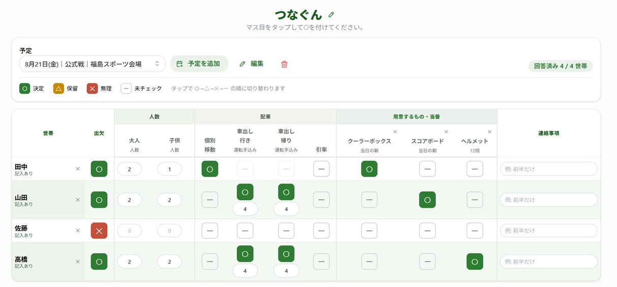 つなぐんの画面：世帯ごとに出欠・人数・配車・当番をマス目で記入する共有ボード